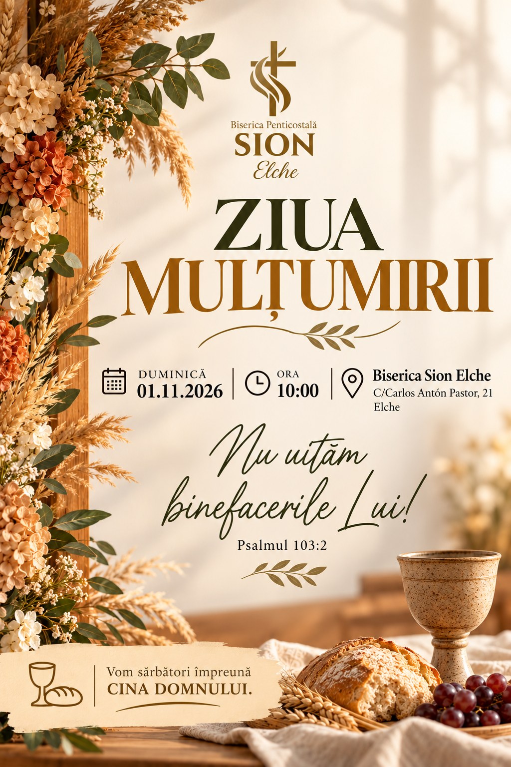 Invitație la Ziua Mulțumirii, duminică 1 noiembrie 2026, ora 10:00, la Biserica Sion Elche.